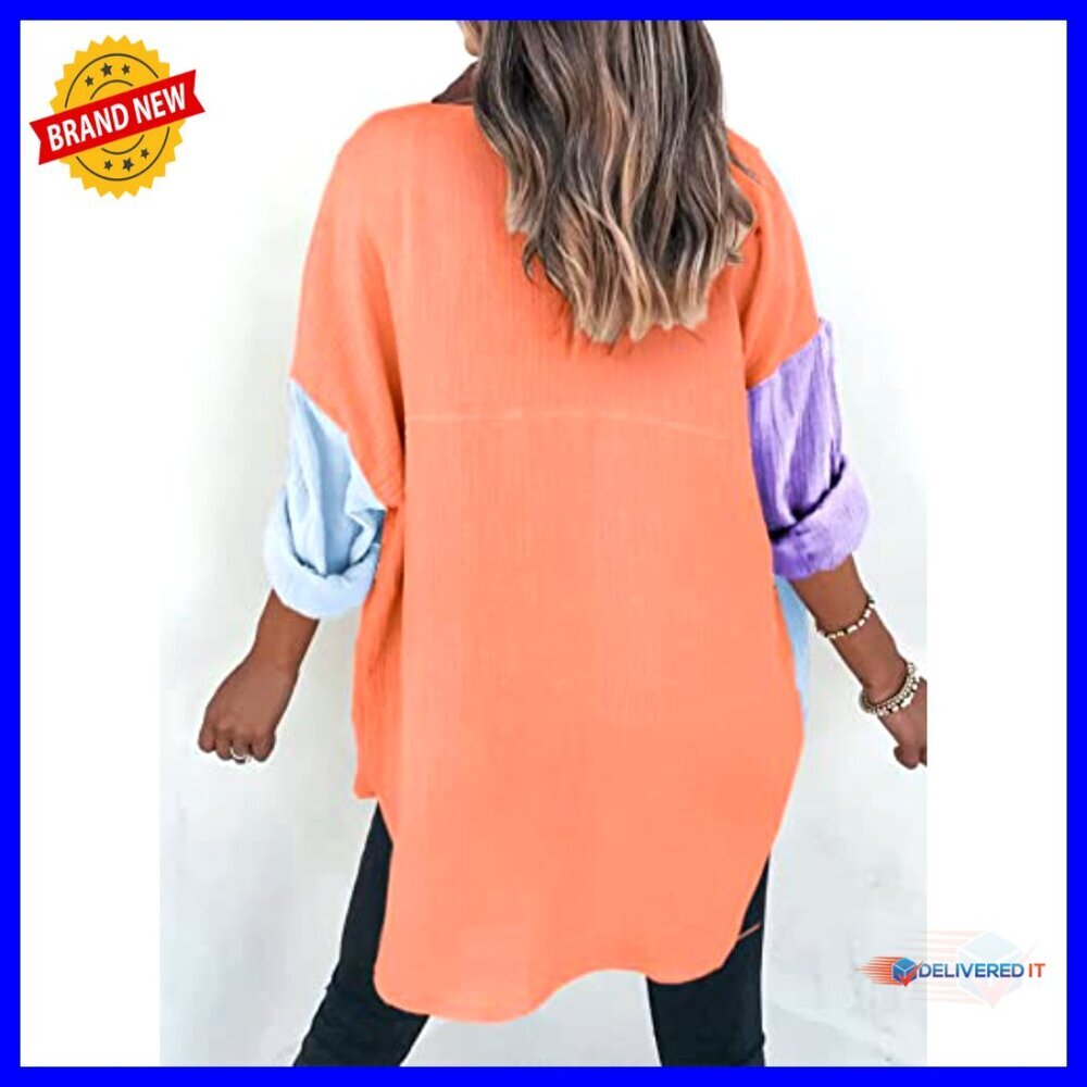 Oversized Boyfriend Button Down Blouse Long Sleeve Color Block Chic Y2K - Picture 3 of 7